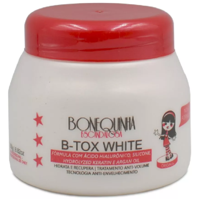 Frasco branco e vermelho de creme para cabelo B-Tox White da Bonequinha Escandalosa