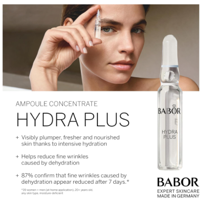 Ampola de vidro BABOR HYDRA PLUS com texto promocional e mulher segurando seringa
