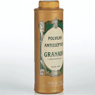 Frasco dourado de Polvilho Antisséptico Granado com rótulo verde e branco