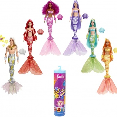 Seis bonecas Barbie sereia coloridas com embalagem cilíndrica