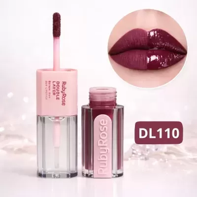 Batom líquido RubyRose Double Layer cor bordô DL110 com efeito matte e brilho.