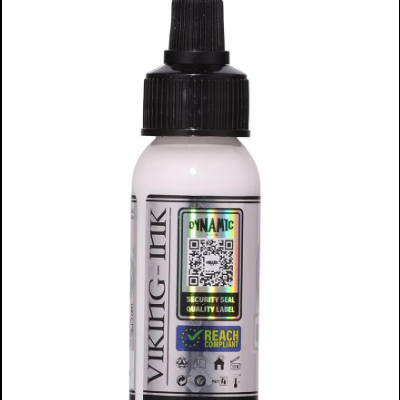 Frasco branco de tinta para tatuagem Viking Ink com tampa preta e rótulo com selo holográfico