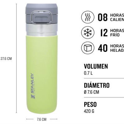 Garrafa térmica verde Stanley com tampa cinza e especificações ao lado