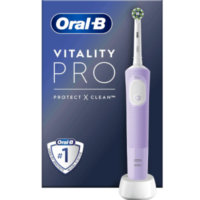 Escova de dentes elétrica lilás Oral-B Vitality Pro com embalagem azul