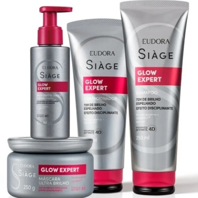 Conjunto de produtos Eudora Siàge Glow Expert para cabelo com embalagens prateadas e detalhes em vermelho.