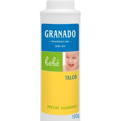 Embalagem de talco bebê Granado com rótulo colorido azul, verde e amarelo