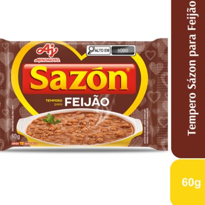 Embalagem de Tempero Sazón para Feijão com imagem de feijão cozido e rótulos informativos