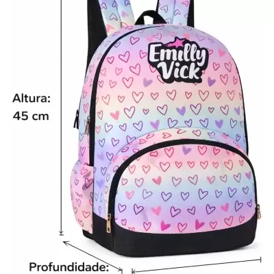 Mochila colorida com padrão de corações e texto Emilly Vick