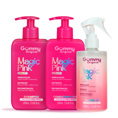 Três produtos Gummy Original Magic Pink para cabelo em embalagens rosas e branca