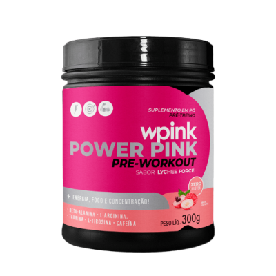 Suplemento pré-treino em pó wpink Power Pink sabor lychee em embalagem preta com rótulo rosa