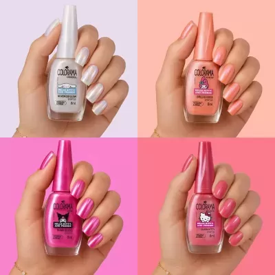 Frascos de verniz de unhas Colorama com personagens Hello Kitty em várias cores rosas e peroladas segurados por mãos femininas.