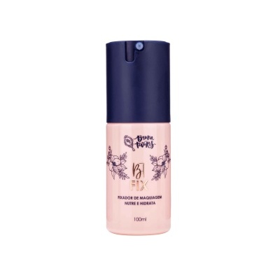 Frasco de spray para fixador de maquilhagem cor rosa e azul com texto e decoração floral
