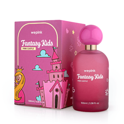 Perfume rosa Fantasy Kids com caixa decorada com castelo e princesa