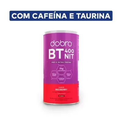 Lata de suplemento Dobro BT 400 NIT sabor Redberry com texto COM CAFEÍNA E TAURINA