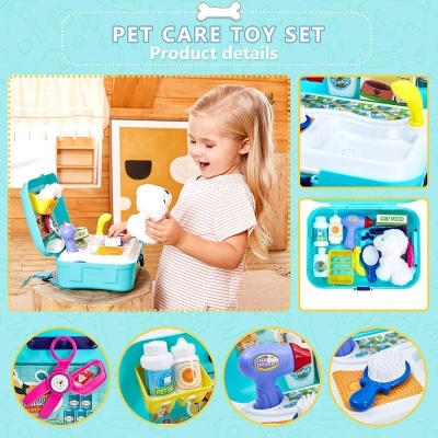 Conjunto de brinquedos para cuidar de animais com mala azul e acessórios coloridos