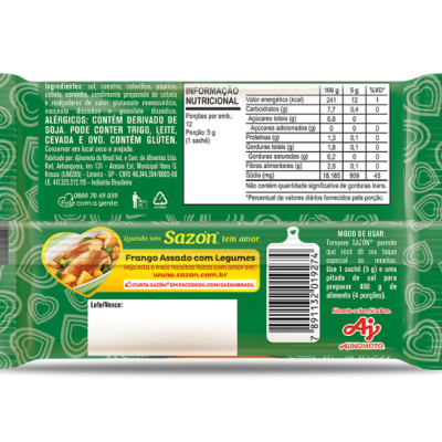 Embalagem de tempero Sazón Frango Assado com Legumes com informações nutricionais e ingredientes