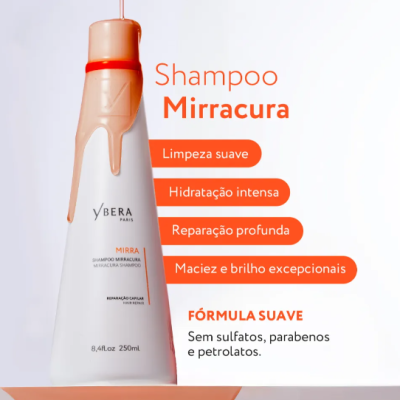 Frasco de shampoo branco com tampa laranja e texto promocional em português