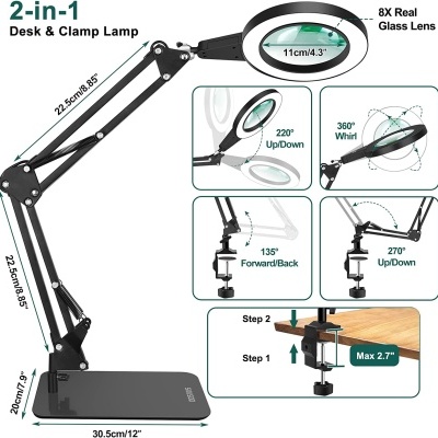 Lâmpada de secretária e clamp preta com lente de vidro e braços articulados