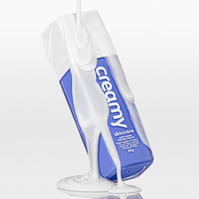 Embalagem de produto skincare Creamy azul e branca com creme branco derramado