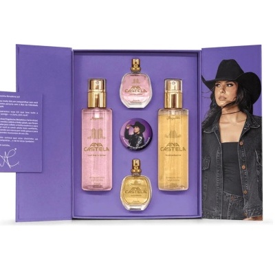 Conjunto de perfume e body splash ANA CASTELA em caixa roxa com imagem de mulher de chapéu preto