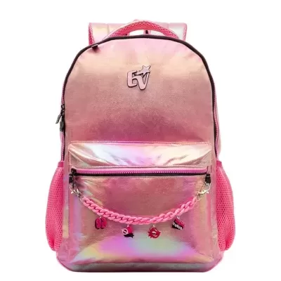 Mochila rosa metalizada com bolso frontal e pingentes