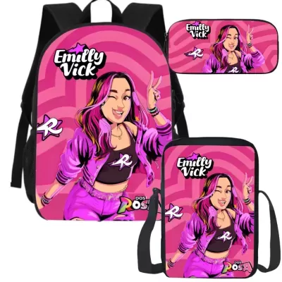 Conjunto escolar rosa com Ilustração jovem e textos Emilly Vick e Dos Rosa.