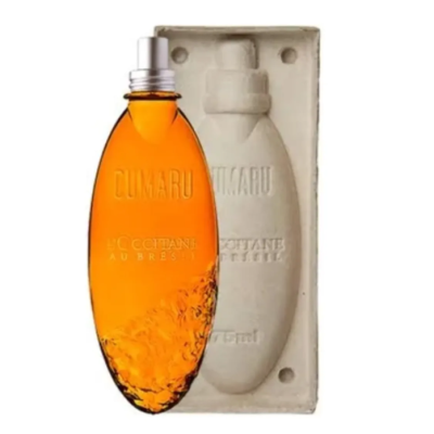 Frasco de perfume laranja com embalagem bege de papel moldado