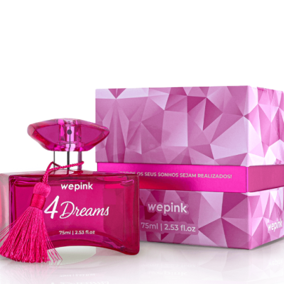Frasco de perfume rosa wepink 4 Dreams com caixa rosa geométrica