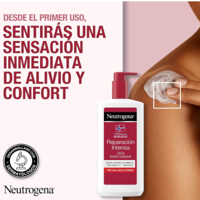 Creme corporal Neutrogena embalagem branca e vermelha aplicado no ombro de uma pessoa