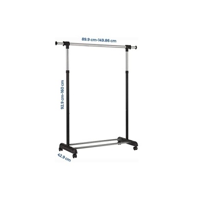Estrutura metálica ajustável para pendurar roupas com rodas, preta e cinza