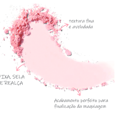 Pó compacto cor-de-rosa com textos explicativos sobre o produto e sua textura.