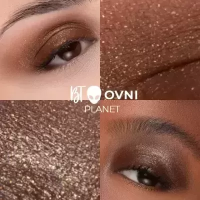 Olhos com sombra castanha metálica brilhante e textura cintilante