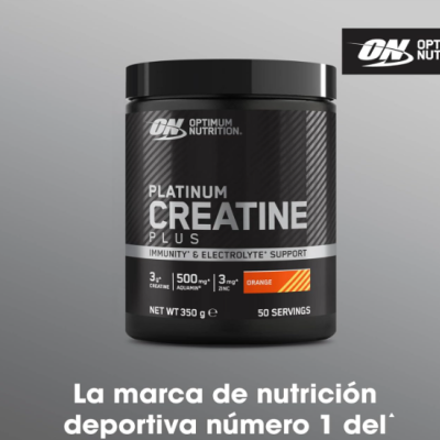 Frasco preto de suplemento Platinum Creatine Plus da Optimum Nutrition com detalhes em branco e laranja