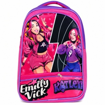 Mochila rosa e roxa com desenho animado de duas raparigas e textos decorativos