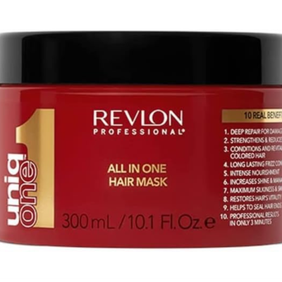 Máscara de cabelo Revlon Professional Uniq One com embalagem vermelha e tampa preta