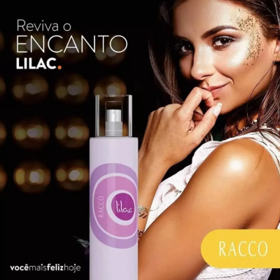 Produto Lilac da Racco com mulher maquiada ao fundo e texto promocional