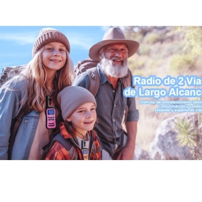 Pessoas ao ar livre com rádios comunicadores de duas vias coloridos e texto promocional em português