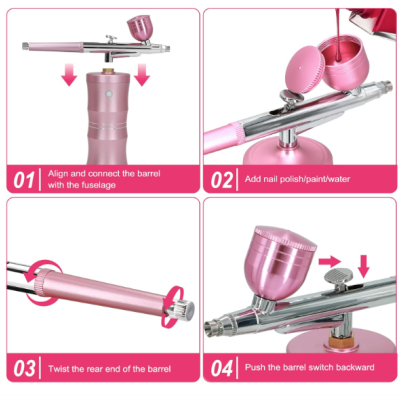 Instruções para uso de aerógrafo cor-de-rosa para unhas em quatro passos