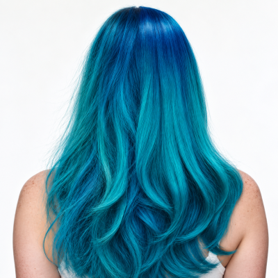Pessoa com cabelo comprido azul e verde visto de costas
