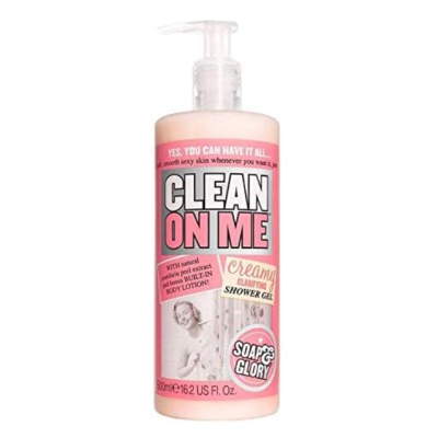 Frasco rosa de gel de banho Clean On Me com doseador e rótulo com texto em inglês