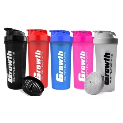 Cinco shakers de plástico coloridos com texto 'Growth SUPPLEMENTS'