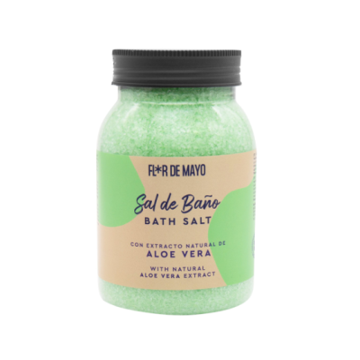 Frasco de sal de banho verde com rótulo de Aloe Vera da marca FLOR DE MAYO