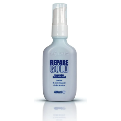 Frasco azul claro de cosmético REPARA GOLD com texto azul e tampa transparente