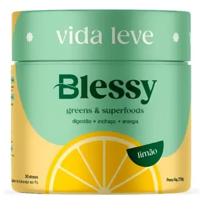 Contentor de suplemento Blessy sabor limão com design amarelo e verde