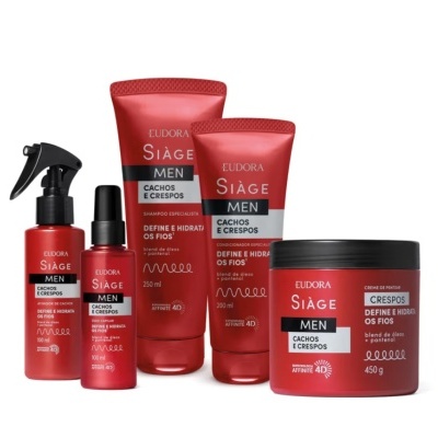 Produtos para cabelo Eudora Siàge Men Cachos e Crespos em embalagens vermelhas e pretas