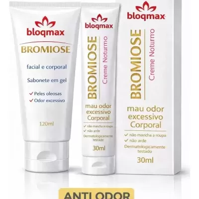 Produtos Bloqmax Bromiose gel facial e corporal e creme noturno anti odor em embalagens brancas com texto dourado, vermelho e azul