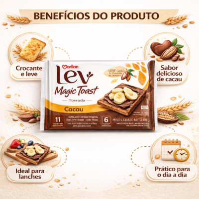 Embalagem de torrada Lev Magic Toast sabor cacau com beneficios do produto destacados