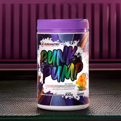 Frasco de suplemento Punk Pump com tampa roxa, rótulo colorido e texto em fundo roxo