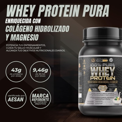 Frasco preto de suplemento Whey Protein com rótulo cinzento e amarelo em fundo escuro.