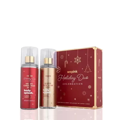 Conjunto de body splash vermelho e dourado com caixa de presente vermelha decorada